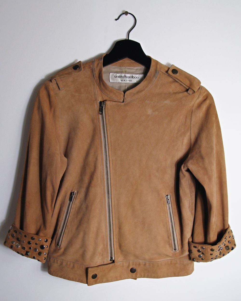 studded sleeve leather biker jacket